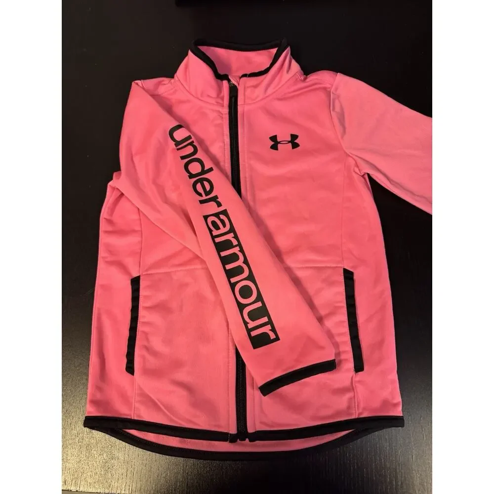 Under Armour Full Zip Sport Jacket Girls Size 5 Hot Pink Black Pockets Logo